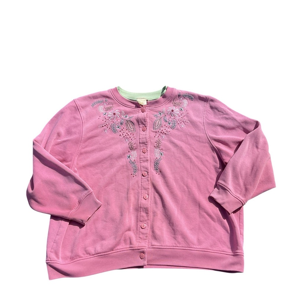 Vintage Sweatshirt Womens Collared Embroidered Floral Button‎ Up XXL Flawed